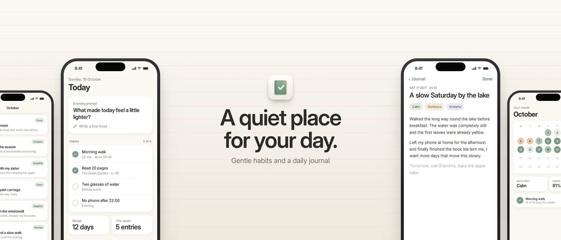 Fieldnote: finished product page header reading ‘A quiet place for your day.’