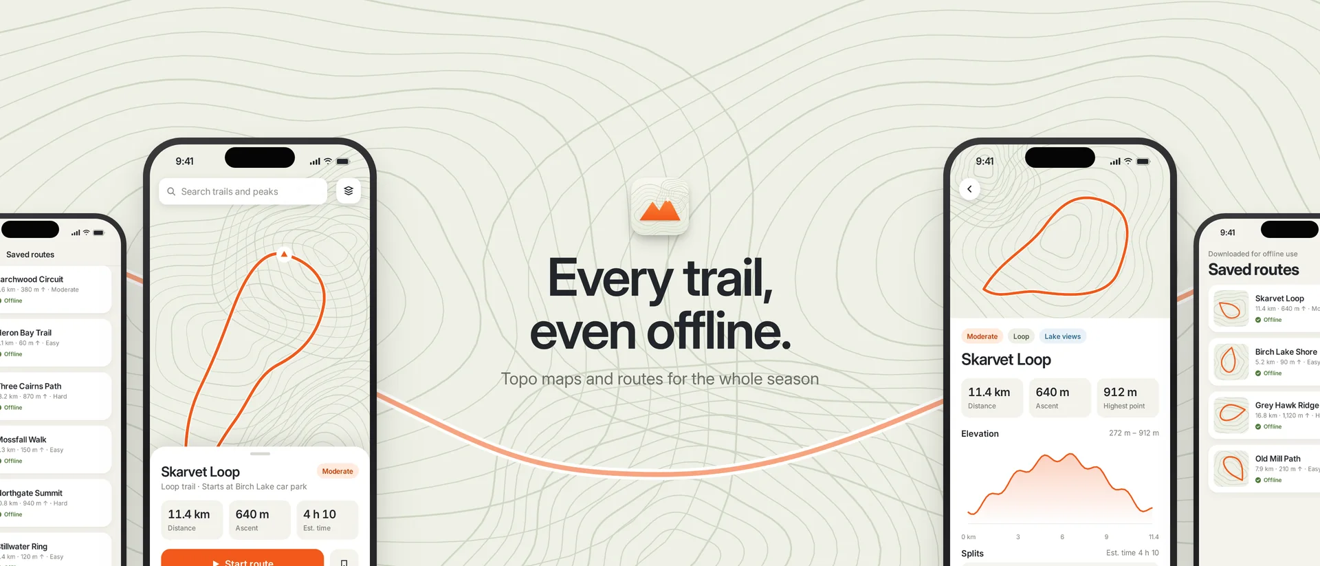 Ridgeline: finished product page header reading ‘Every trail, even offline.’