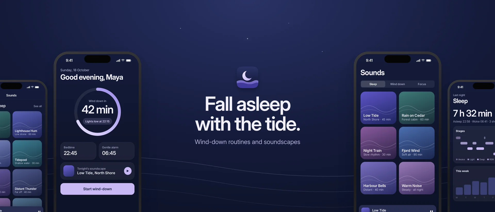Tidewell: finished product page header reading ‘Fall asleep with the tide.’