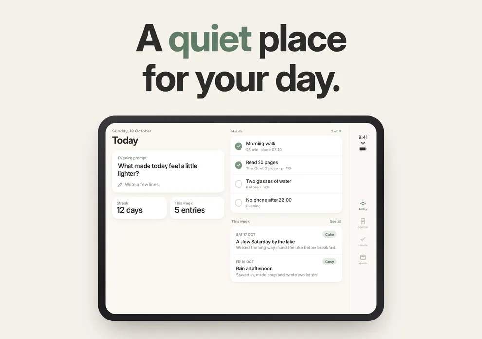 Fieldnote, an in-house journal app concept: App Store screenshot design for the iPhone Duo inner display, landscape