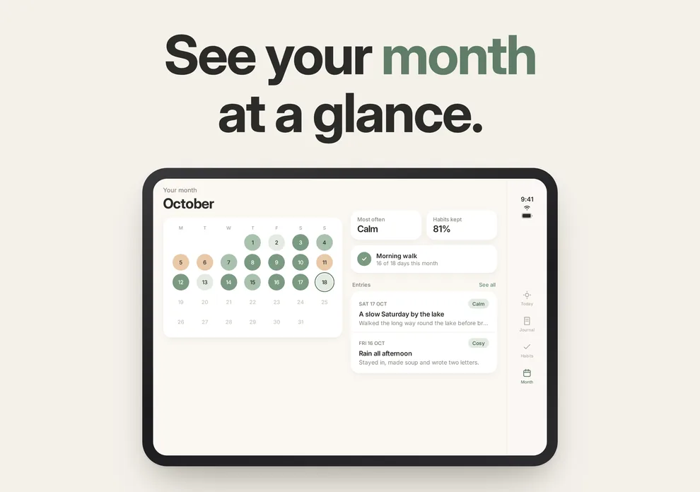 Fieldnote App Store screenshot on iPhone Duo (inner display, landscape): Month