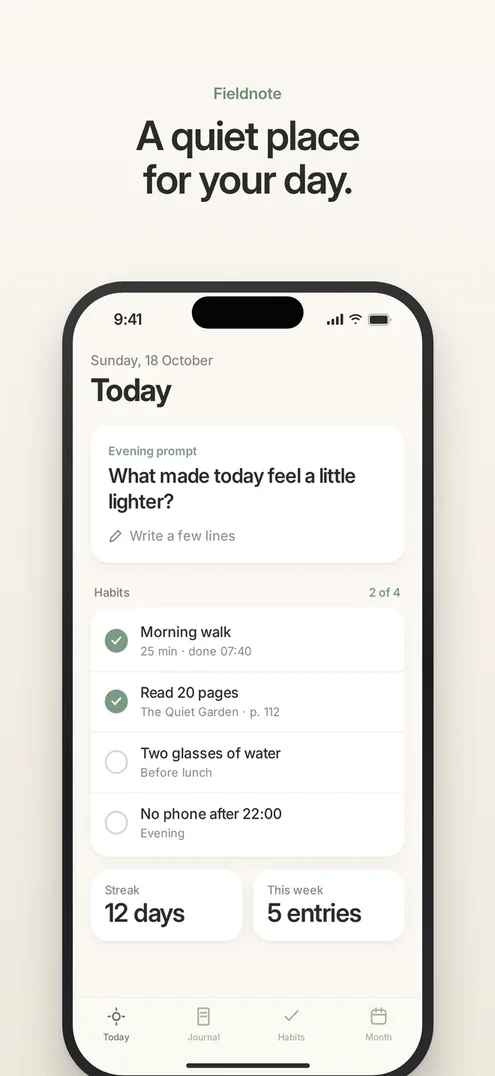 Fieldnote App Store screenshot in English: A quiet place for your day.