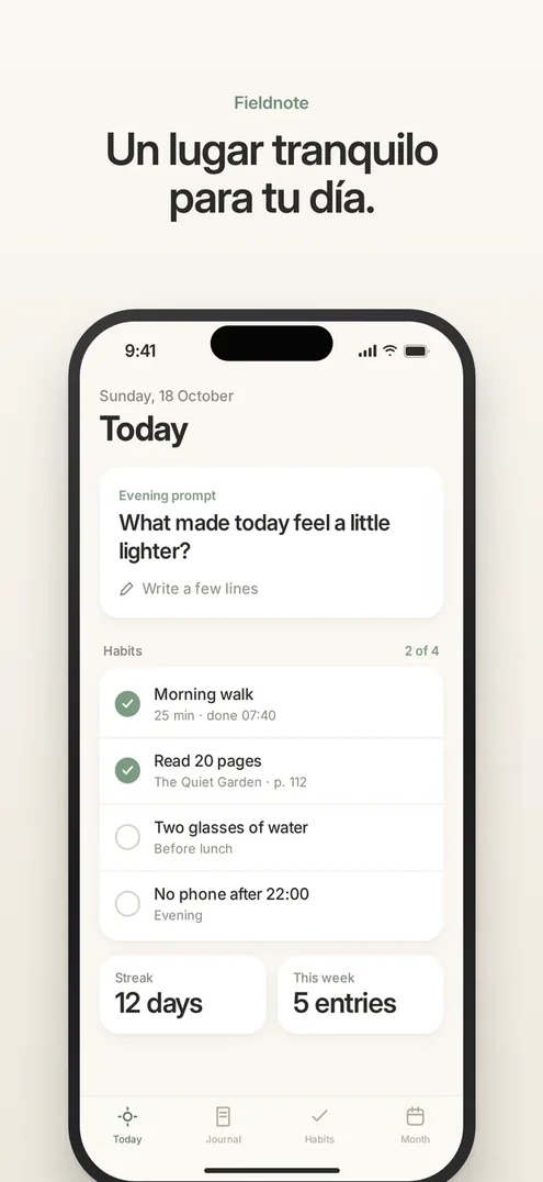 Fieldnote App Store screenshot in Español: Un lugar tranquilo para tu día.