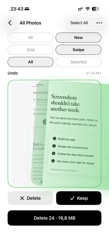 A raw in-app frame of Deletely mid-swipe, as used in the app preview video